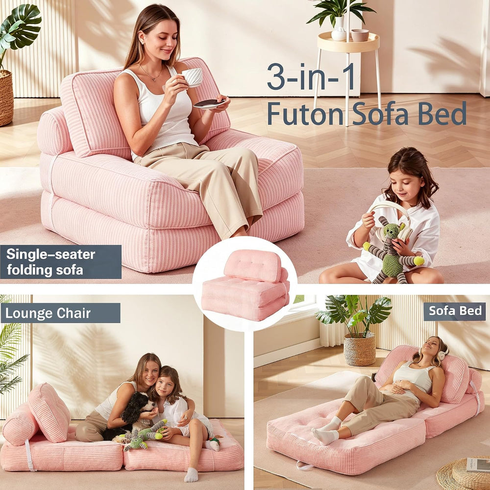 Folding Sofa Bed, Flannel Futon Couch Bed with Pillow and Blanket, Convertibl...