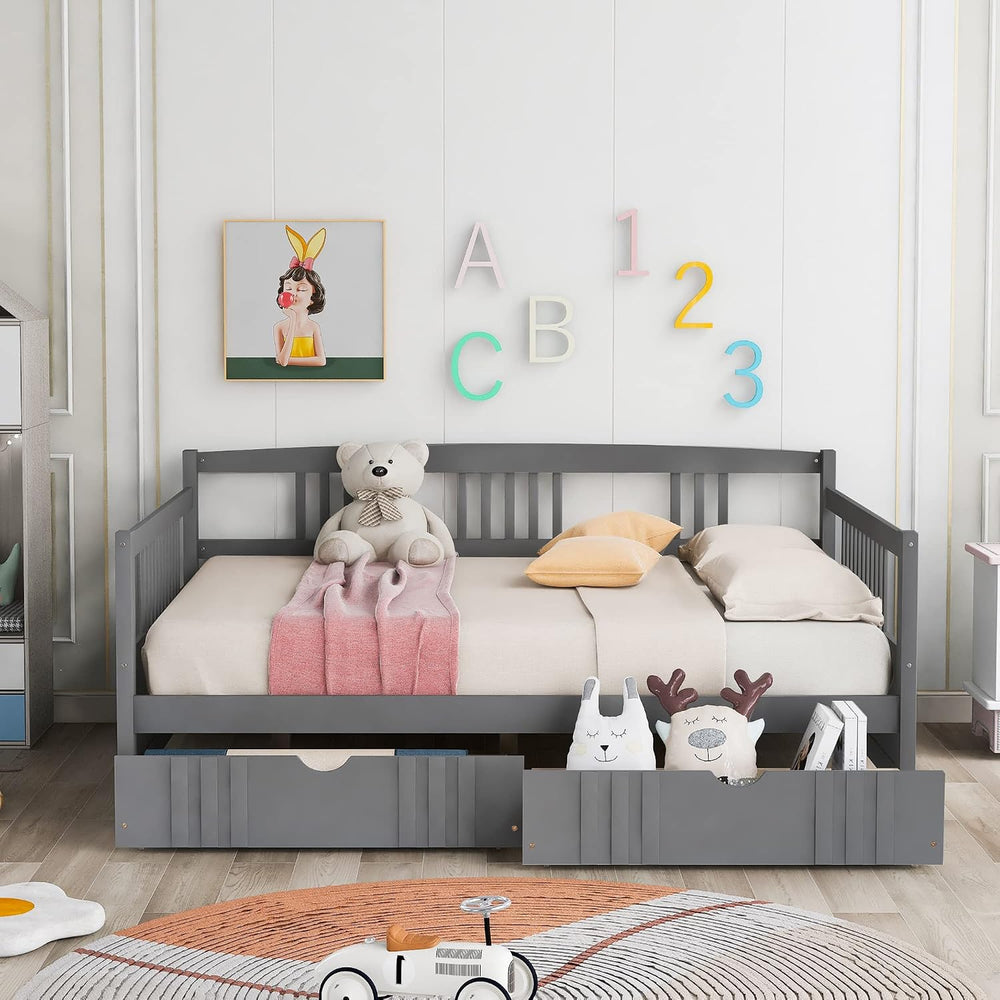 Full Size Wooden Daybed with Two Storage Drawers and 10 Wooden Slats Support,...