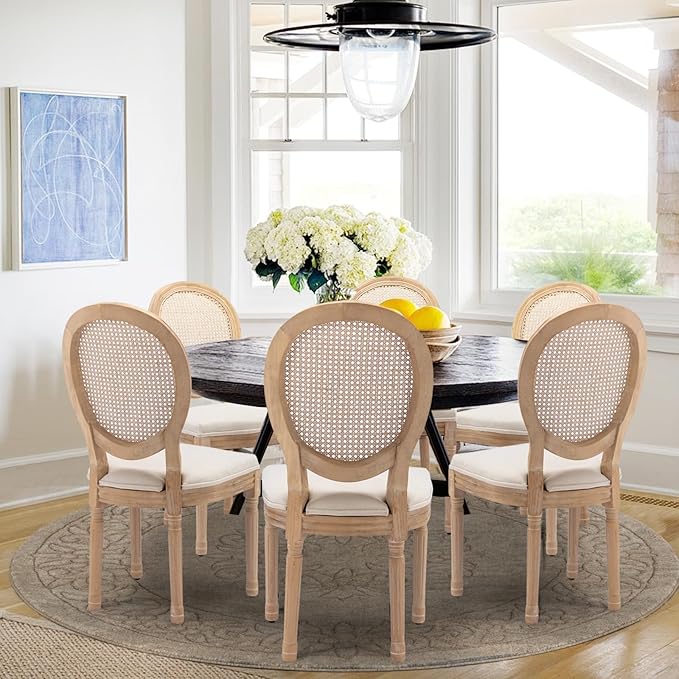 Rattan Back Upholstered Dining Chairs Set of 6 French Country Oval Kitchen Si...