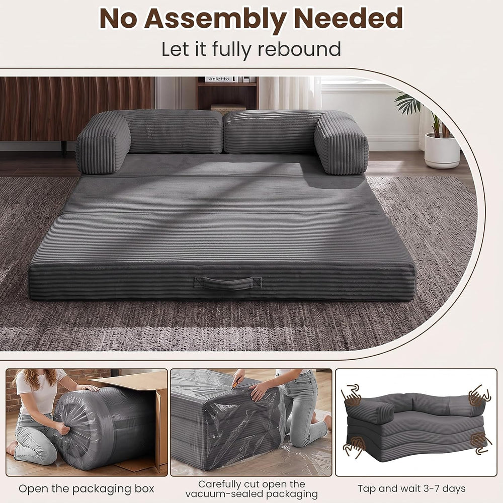 5-in-1 Convertible Sofa Bed,60" Boneless Couch with Pull Out Bed,Tri-Fol...