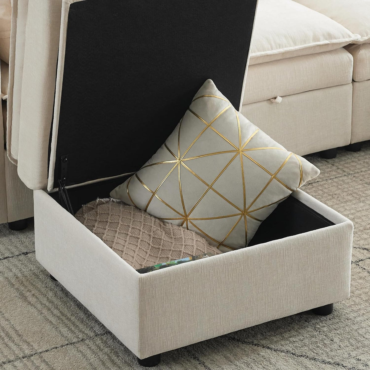27" Large Square Ottoman with Storage, Modern Upholstered Footrest with Anti-Slip Legs for Couch Coffee Table Living Room, Bedroom, Entryway, Chenille Beige