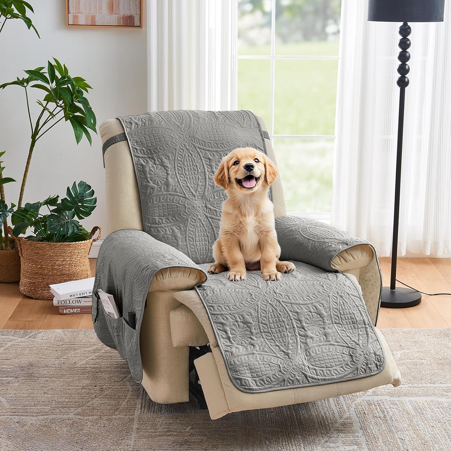 NapCloud Gray Quilted Recliner Chair Covers, Water-Repellent Recliner Covers, Lazy Boy Chair Covers, Pet Friendly Recliner Slipcover for Dogs Cats, Washable Furniture Protector (Recliner 22", Gray)