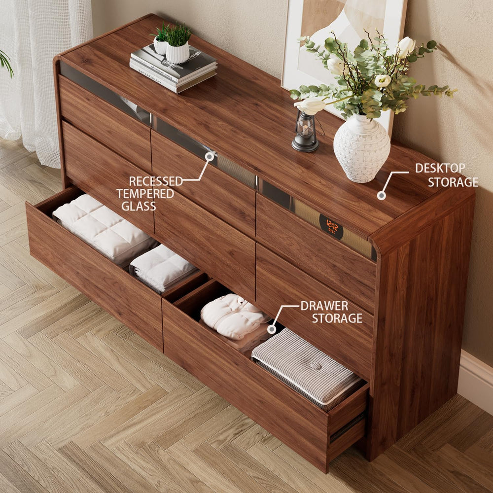Ieejdn 47.2" Dresser with 6 Drawer, Wide Dresser with Recessed Glass Dis...