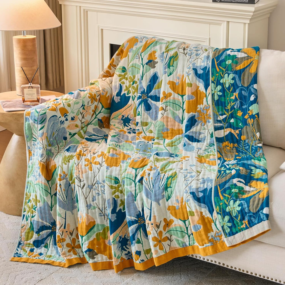 Boho Throw Blanket, 100% Soft Cotton Floral Quilt, King 90"x 98"