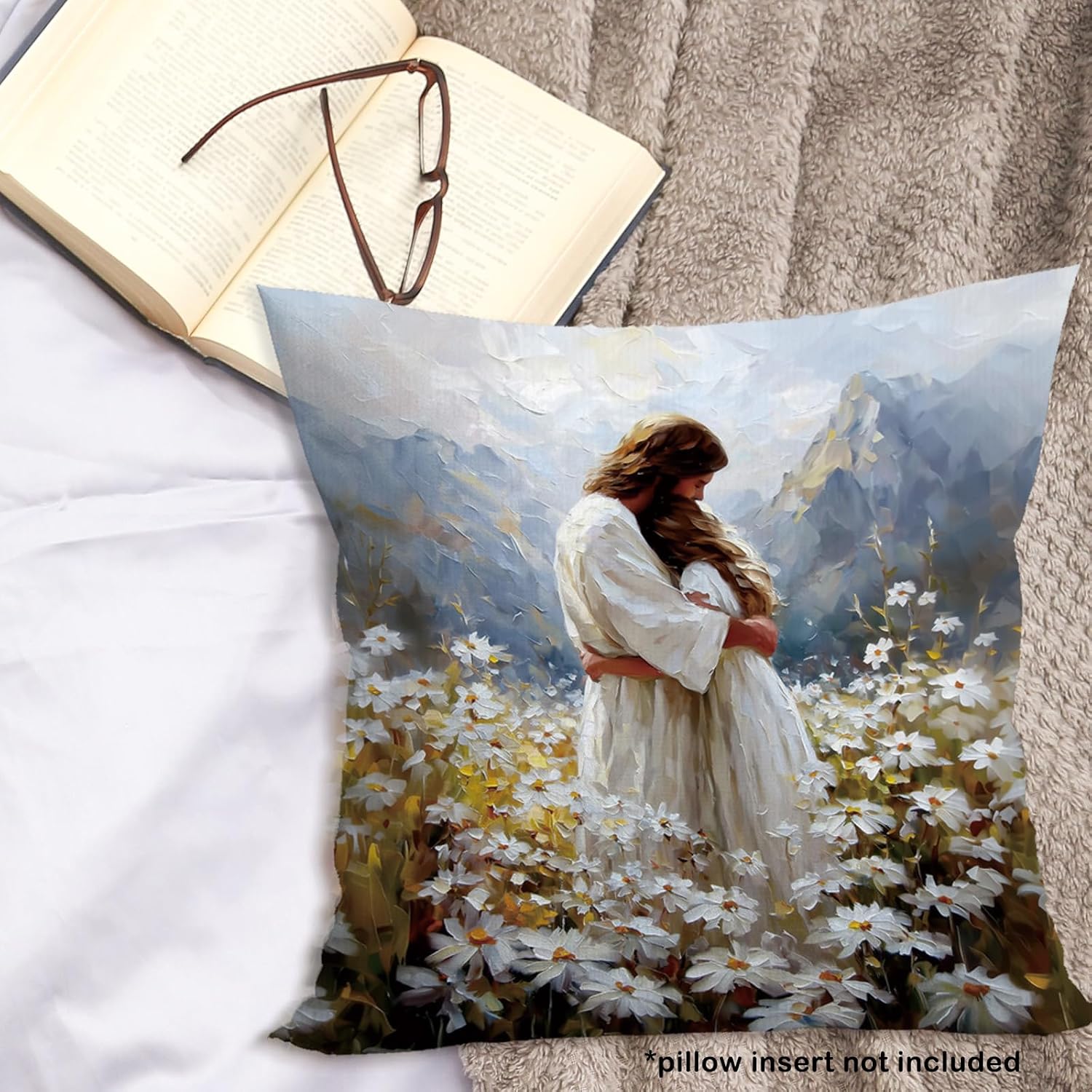 Christian Jesus Throw Pillow Covers Gifts 18x18, Jesus Hugging Woman Girl Decor Pillow Cases for Bedroom Living Room, Religious Cottagecore Decorative Square Pillowcases for Couch Bed Sofa