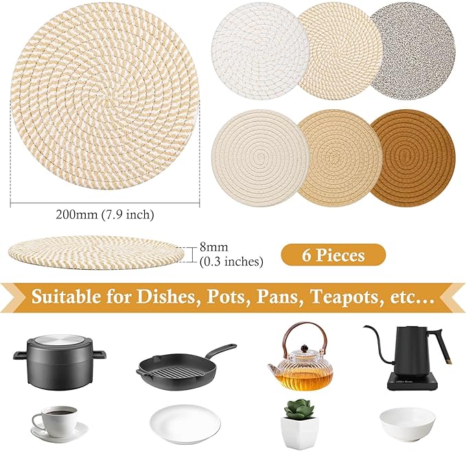 Billbotk 8"" Trivets for Hot pots and Pans, 6 Heat Resistant Hot Pads, Pot - Image 2