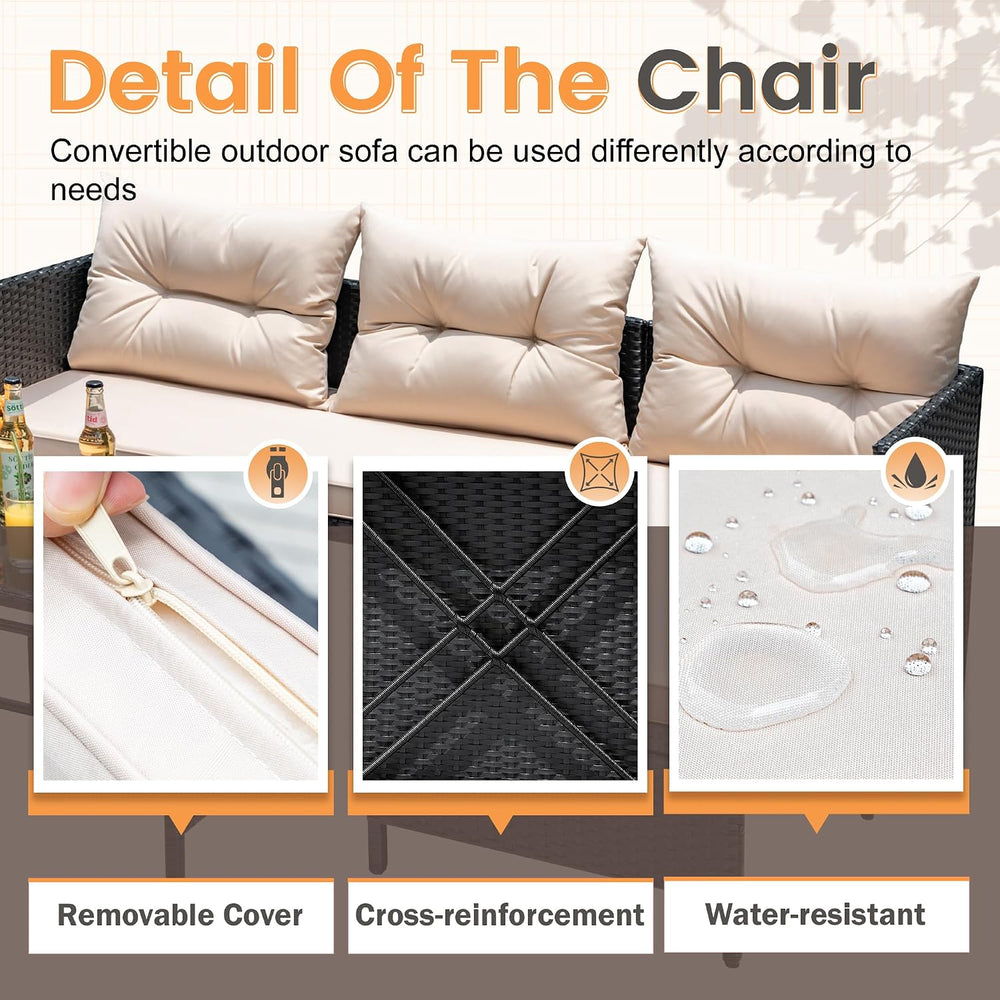 Devoko Outdoor Patio Furniture 3-Piece Rattan L Shaped Sectional Sofa Beige