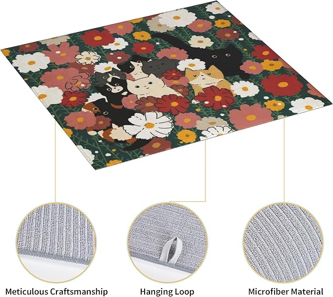 Cute Cat Flowers Dish Drying Mat 16x18 Inch, Microfiber Absorbent Fast Dry Mat - Image 3