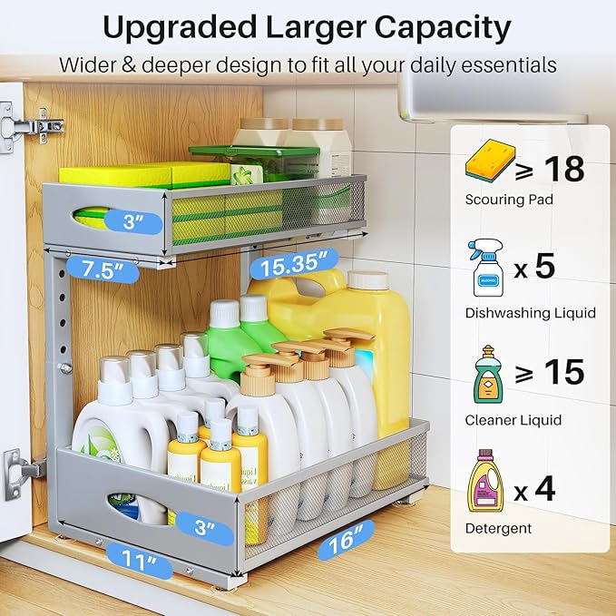 Under Sink Organizer, 2 Tier Pull Out Under Cabinet Organizer Shelf - Image 4