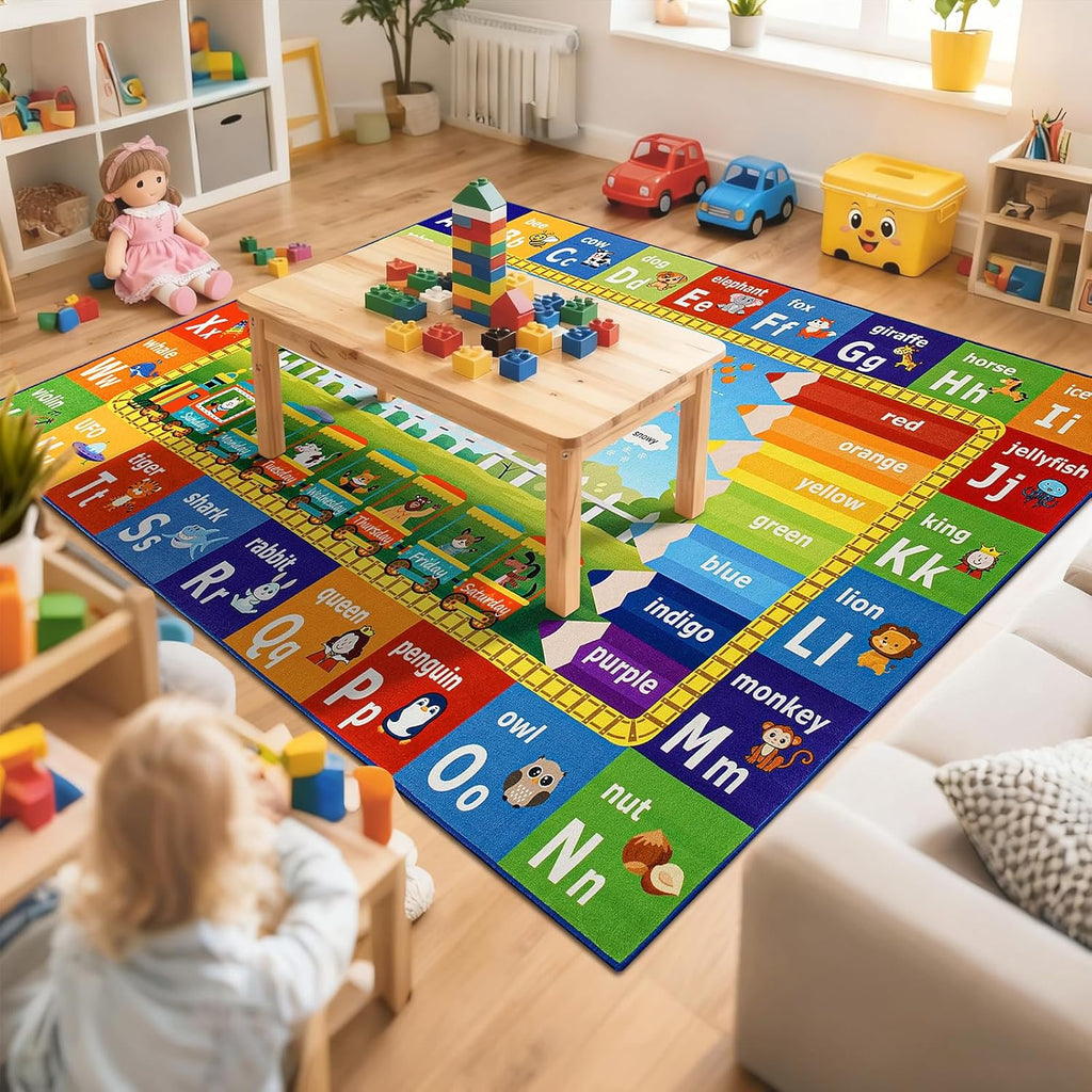 5x7 Kids Rug for Playroom Classroom Bedroom,ABC Rugs | Educational Rug for Learning Alphabet,Numbers,Colors,Season and Animal Words,Non Slip Washable Play Mat for Toddler Decor