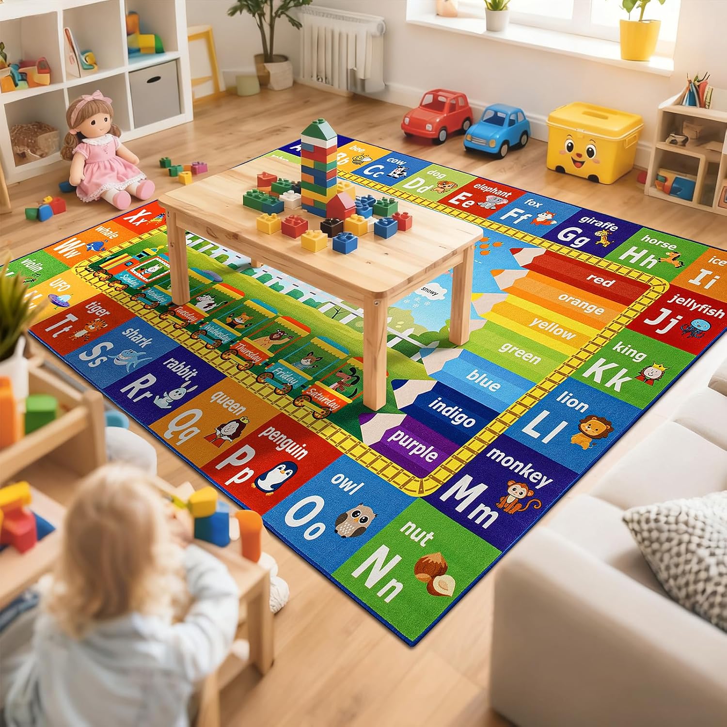 5x7 Kids Rug for Playroom Classroom Bedroom,ABC Rugs | Educational Rug for Learning Alphabet,Numbers,Colors,Season and Animal Words,Non Slip Washable Play Mat for Toddler Decor