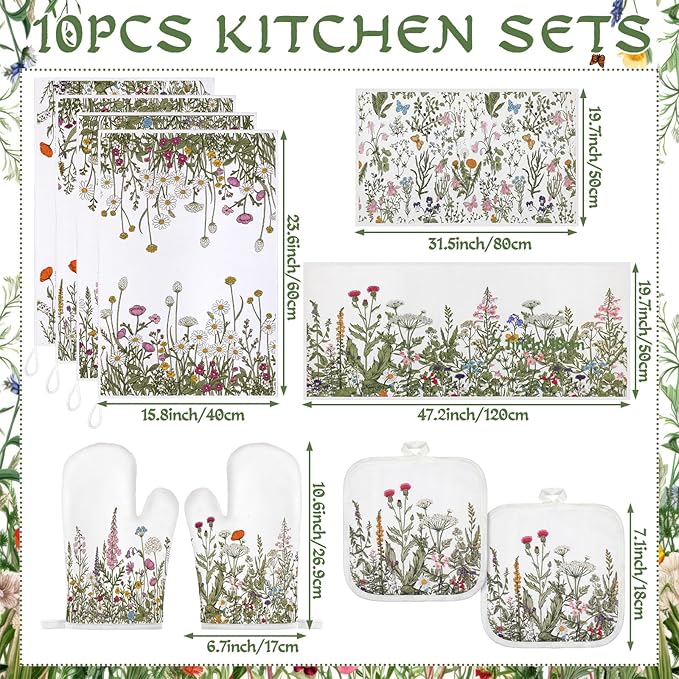 Fanfanwin 10 Pcs Wildflower Kitchen Decor Set Floral Kitchen Towels and Rugs - Image 3