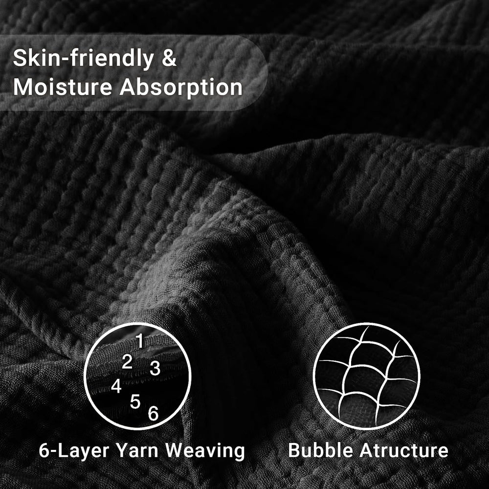100% Cotton Muslin Blanket for Adults, 6-Layer Twin Throw, 60 x 80, Black