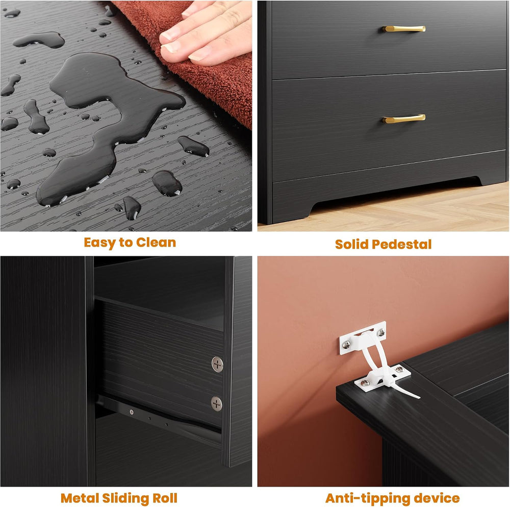 Garvee 5 Drawer Dresser with LED Light and Charging Station, Black