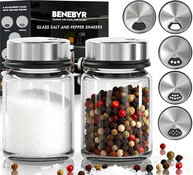 Shatterproof Glass Salt and Pepper Shakers Set Leak & Moisture Proof by Benebyr