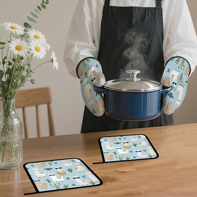 Cute Alpacas Oven Mitts and Pot Holders Set, Cactus Kitchen Decor Heat - Image 7