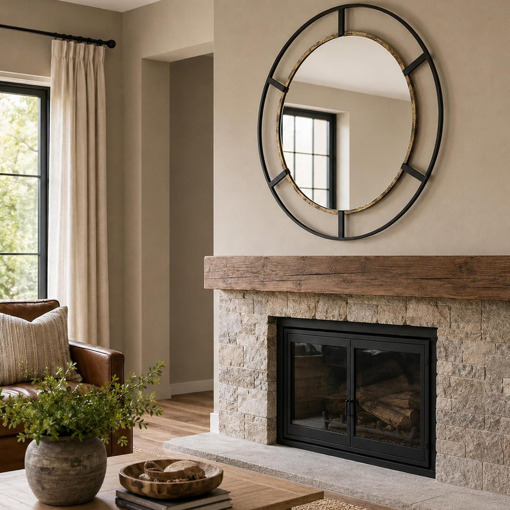 30 Inch Round Wall Mirror, Black & Antique Gold, Bathroom, Entryway
