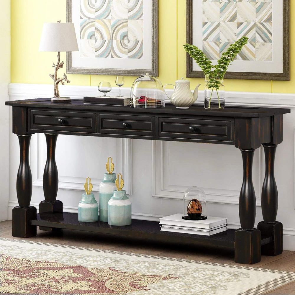 Merax Wood Farmhouse Entry Way Hallway Table with Drawers and Bottom Shelf Na...