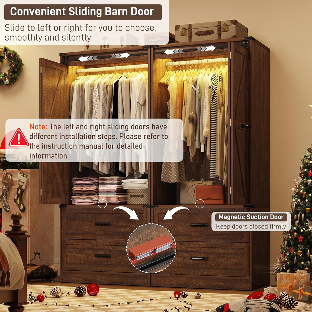 2 Doors Armoire Wardrobe Closet w/ Folding Sliding Barn Door,Brown