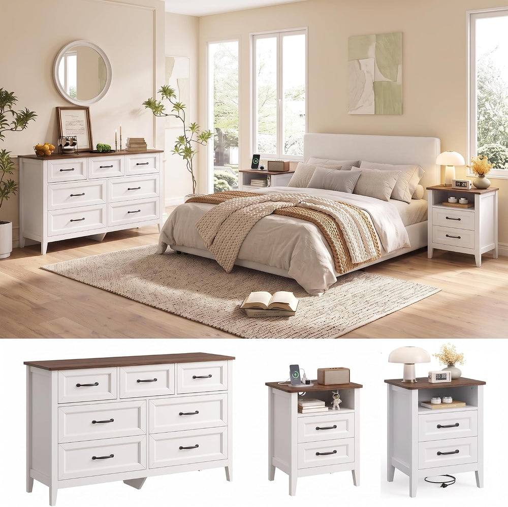 Gizoon 3 PC Bedroom Set, 2 Nightstands with Charging Station & Dresser