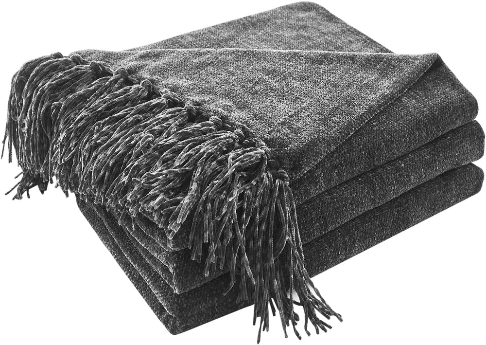 CozeCube Chenille Throw Blanket, Charcoal Grey Fringe Blanket, 50"X60"