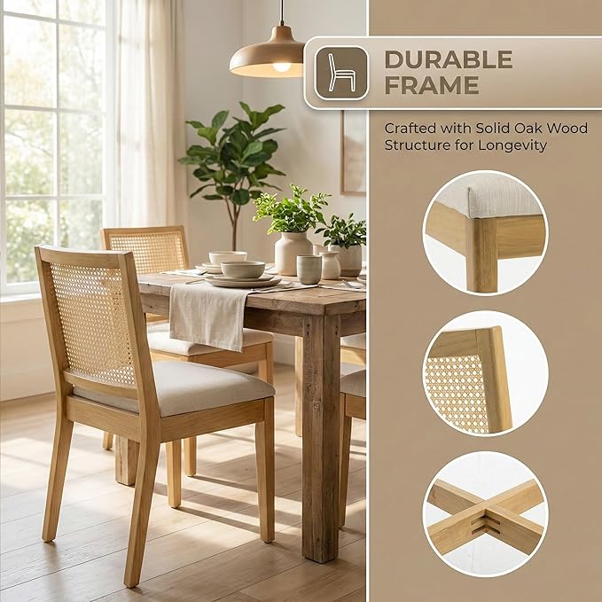 HNY Farmhouse Rattan Dining Chairs Set of 4, Mid Century Modern Kitchen &...