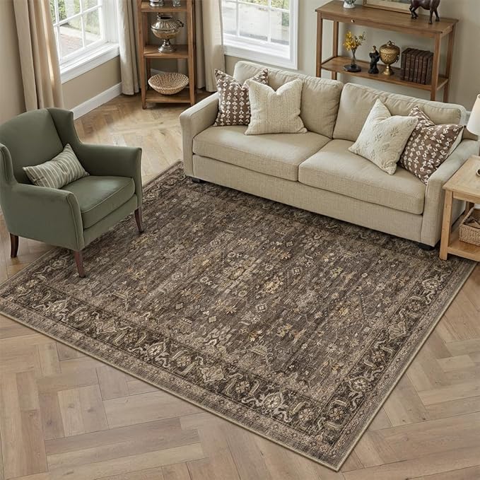 3x5 Washable Area Rug for Entryway Vintage Brown Non Slip Low Pile Carpet - Image 5