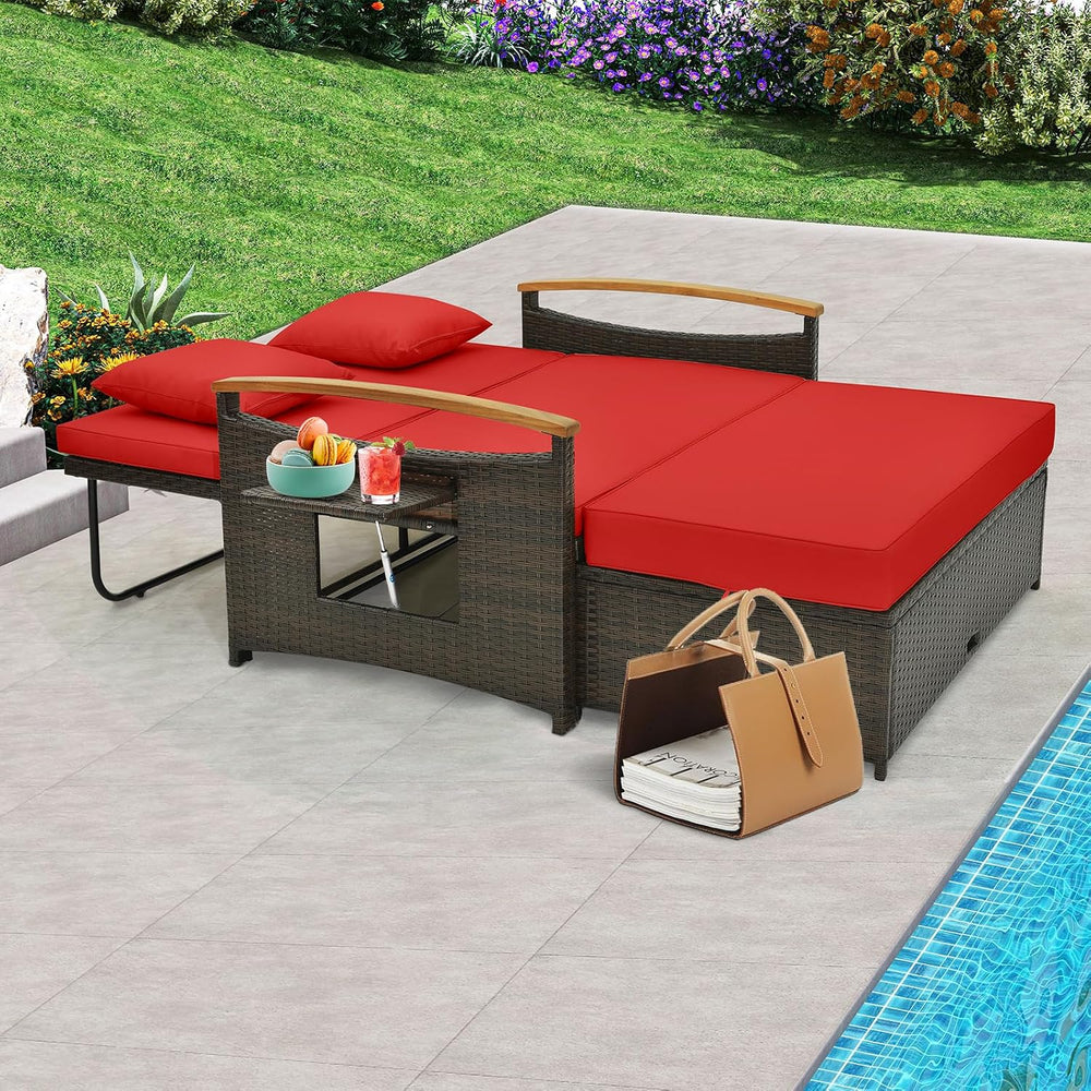 Tangkula Patio Rattan Daybed, Outdoor Wicker Loveseat, Mix Brown & Red