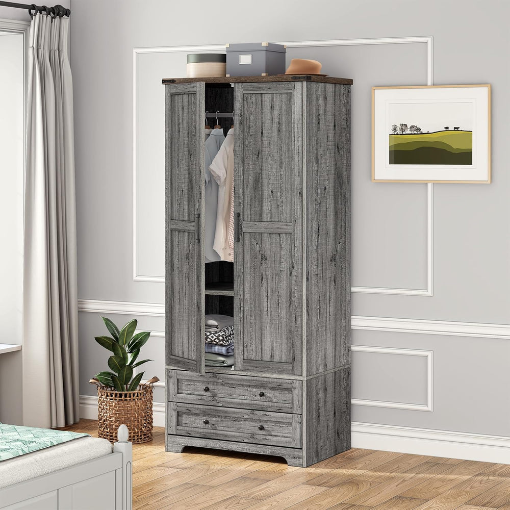 Brafab Wooden Armoire Wardrobe Closet with Drawers, Grey, Set of 3