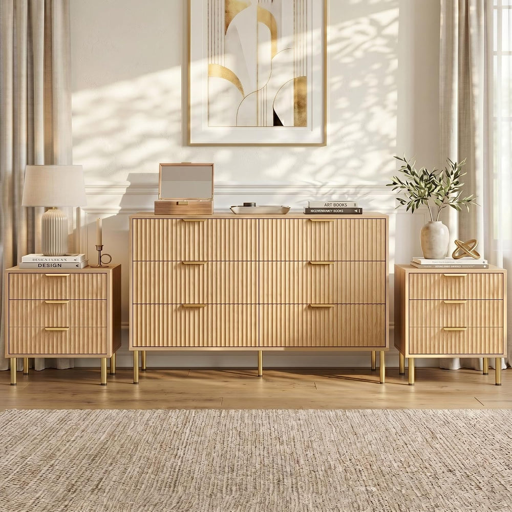 Natural Oak 3-Piece Fluted Dresser and Nightstand Set for Bedroom