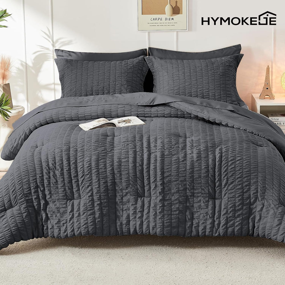 Queen Comforter Set - 7PCS Bed in a Bag, Seersucker Bedding Set, Dark Grey