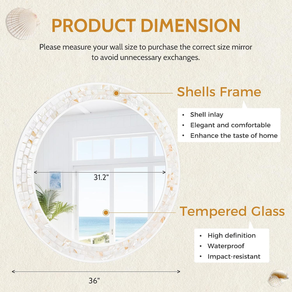 Tanmicoshomy 36 Inch Large Round Mirror, Natural Shell Circle Wall Decor