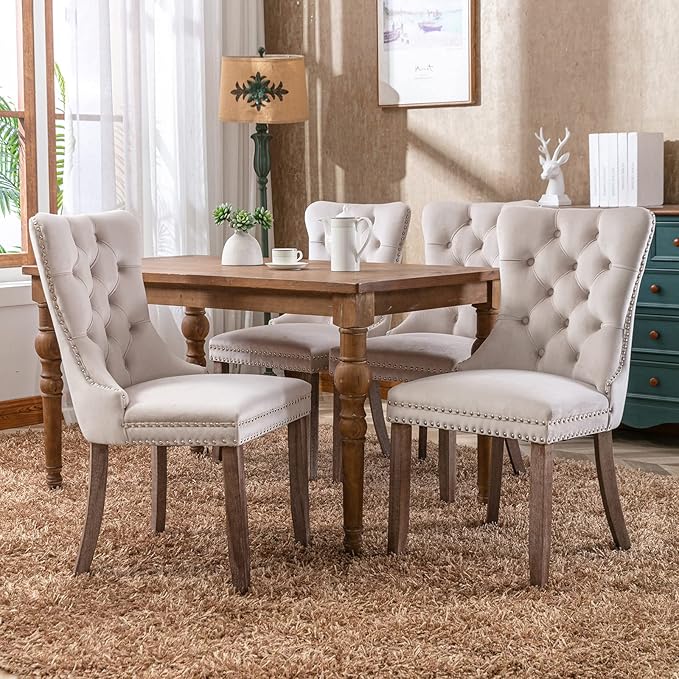 Modern Dining Chairs Set of 6, Tufted Upholstered Dining Chair with Solid Woo...
