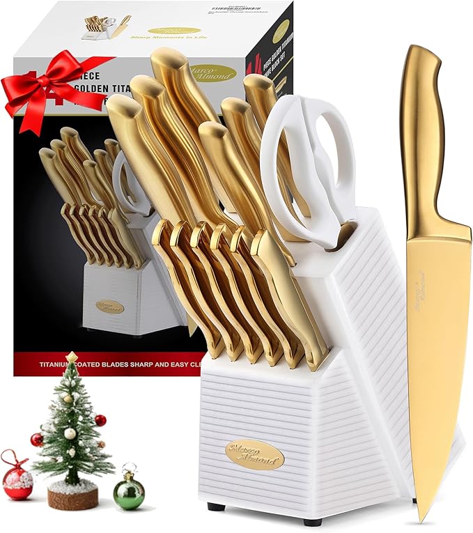 Marco Almond® Gold Knife Set, Knife Block Set MA21, Titanium Coated 14 Pieces by MarcoAlmond