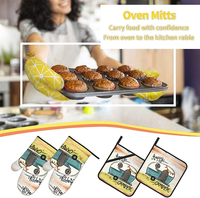 Happy Camper Oven Mitts and Pot Holders Sets of 4, Resistant Hot Pads - Image 6