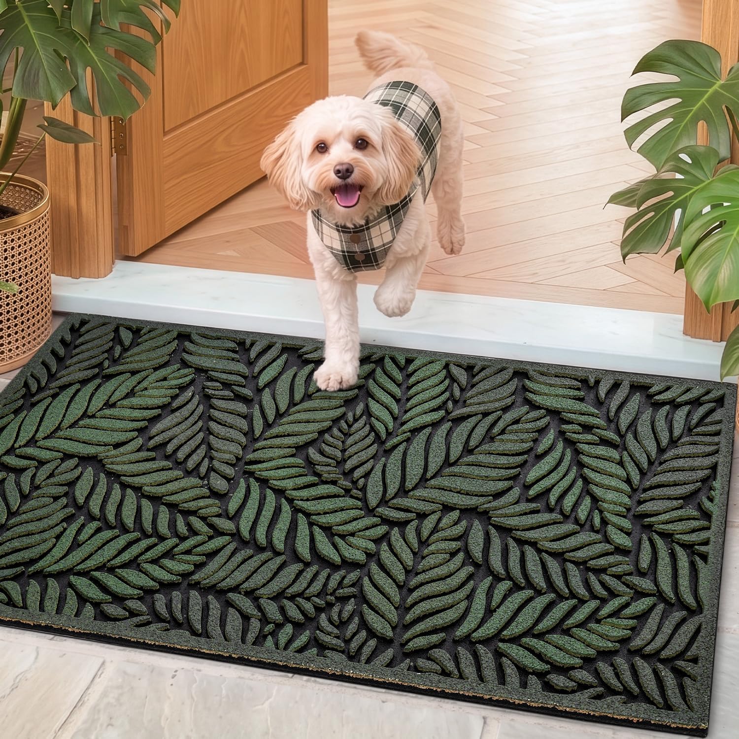 DEXI Front Door Mat Outside Entrance 17x30 Rubber Entry Doormat Green Leave | Heavy Duty Non Slip, Welcome Entryway Mats Dirt Trapping for Exterior Patio Garage, Leaves Design