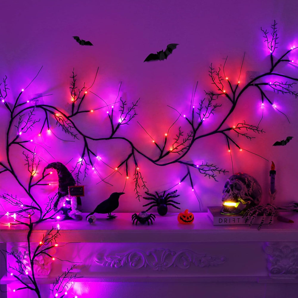 9FT 72 LED Willow Vine Twig Decorations Black Halloween Garland with Orange &...