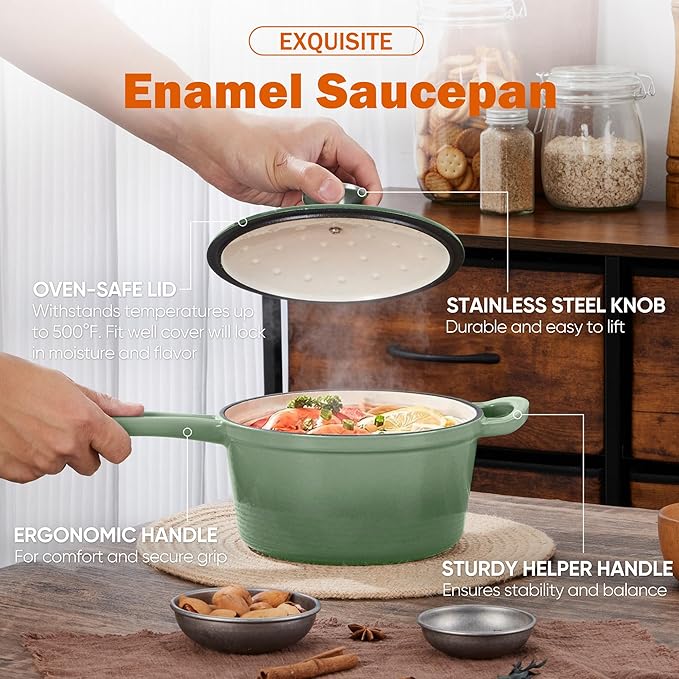 Homikit 2 Quart Saucepan with Lid, Enameled Cast Iron Small Sauce Pan Cooking