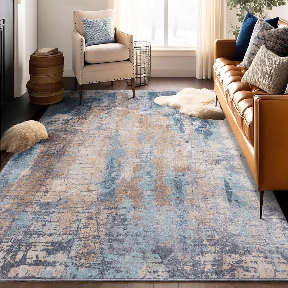 Kelarea Washable Area Rug 5x7, Non-Slip Low Pile Abstract Beige Blue