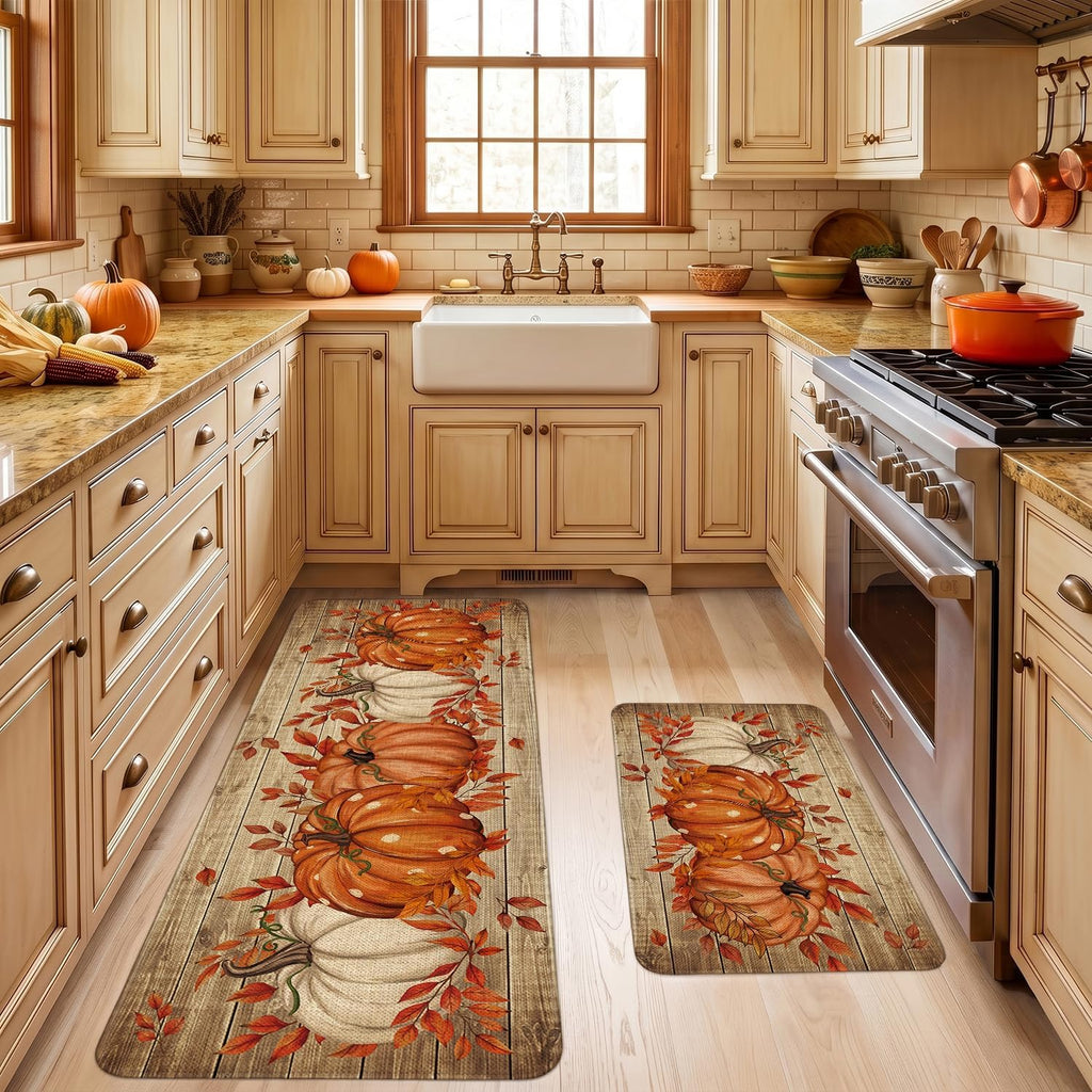 Fall Kitchen Mats Decor, Autumn Pumpkin with Brown Wood Grain Fall Kitchen Rugs Set of 2 Indoor Non Slip Washable Floor Mat Runner Rug Home Decorations