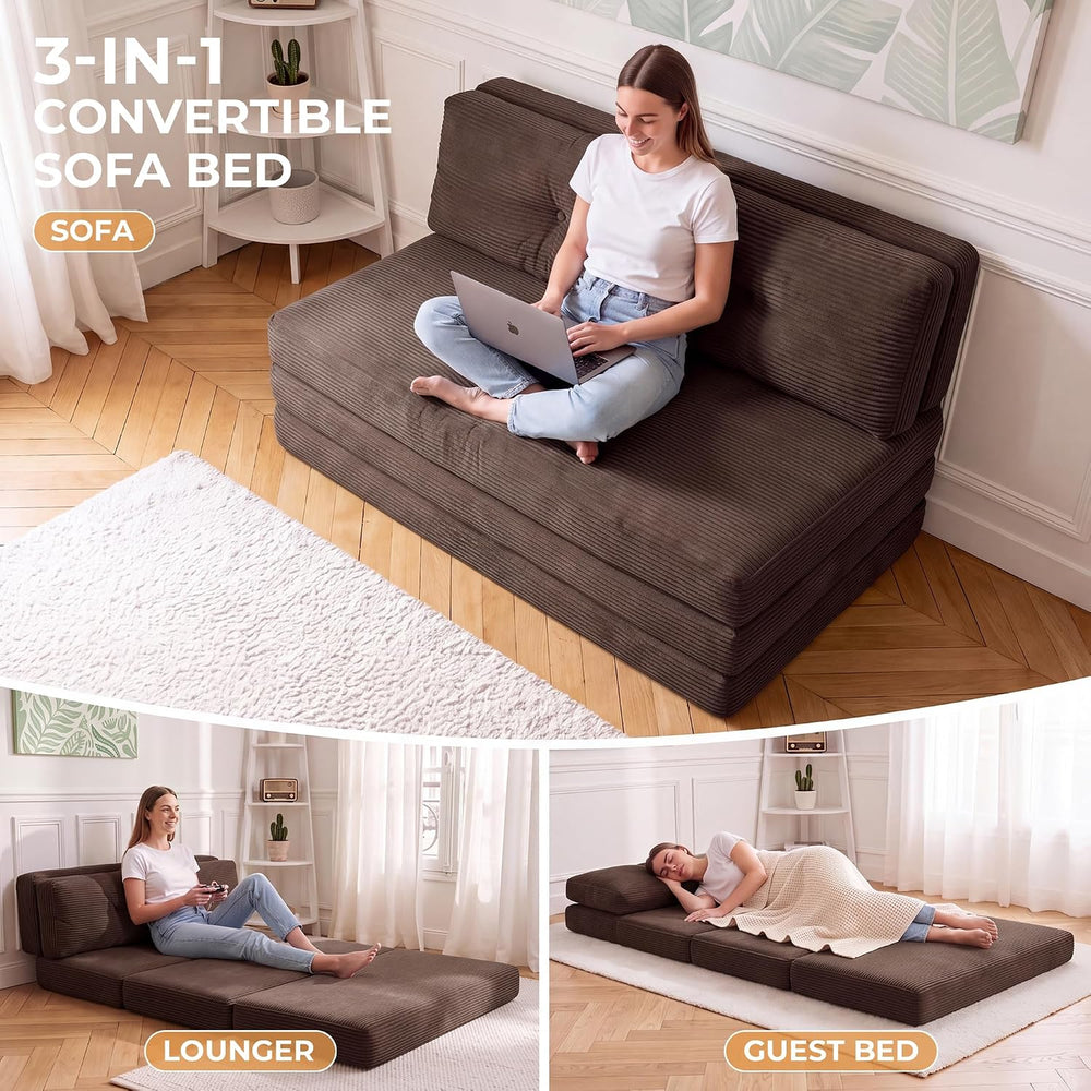 54" Folding Sofa Bed, 3-in-1 Convertible Futon, Tri-Fold Boneless Couch