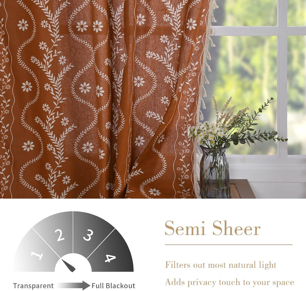 Schweek Terracotta Boho Curtains 63 Inches Long 2 Panels for Kitchen