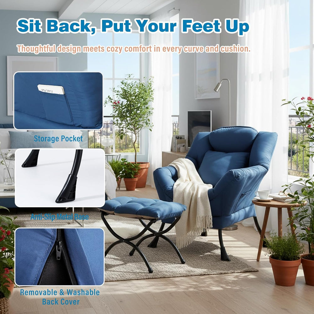 Lazy Chair with Ottoman, Comfy Reading Chair for Bedroom, Blue