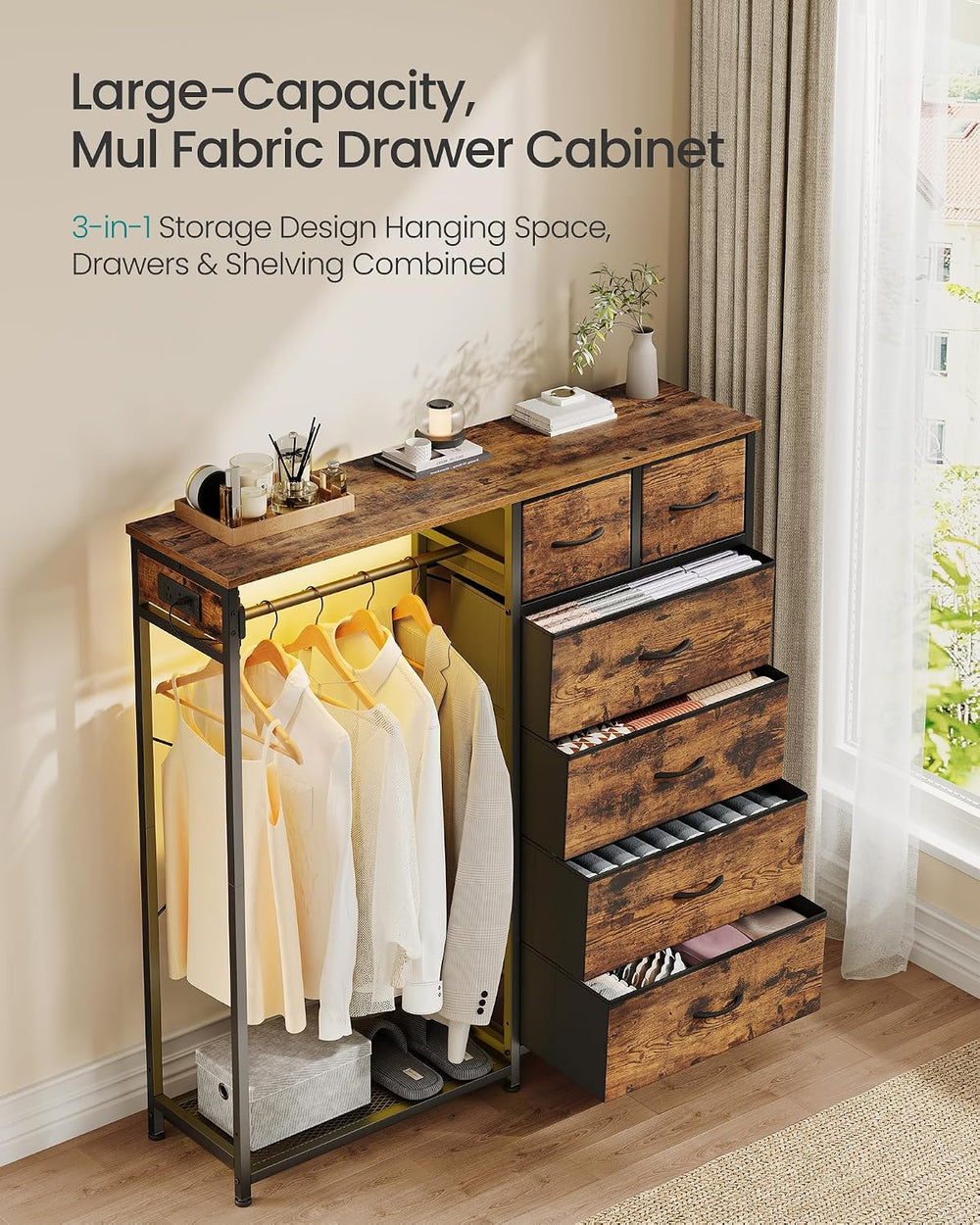 SONGMICS Dresser with Hanging Rod, Closet Organizer with 6 Fabric Drawers