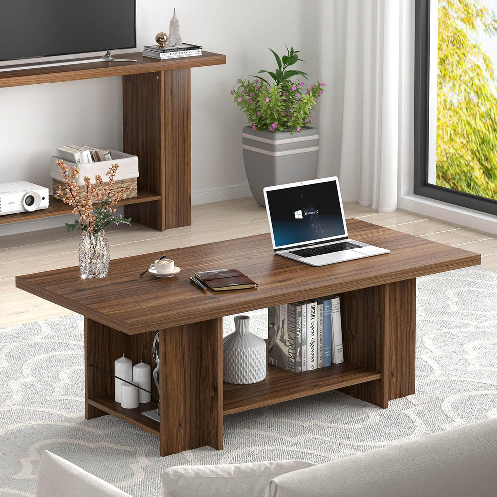 Coffee Table, Modern Wood Living Room Table with Storage Bottom Shelf & S...