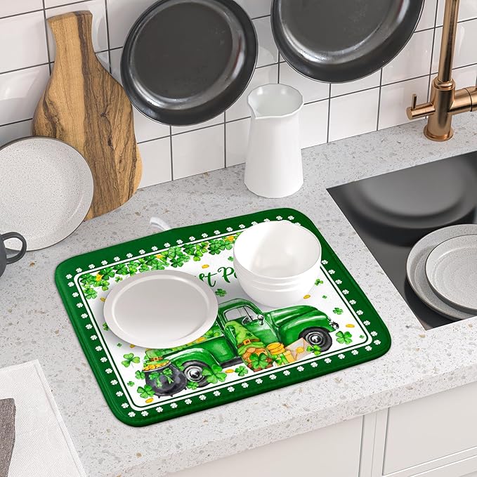 Shamrock Gnome Truck Dish Drying Mat Lucky Clover Dish Drainer Mat 16x18 inch - Image 6