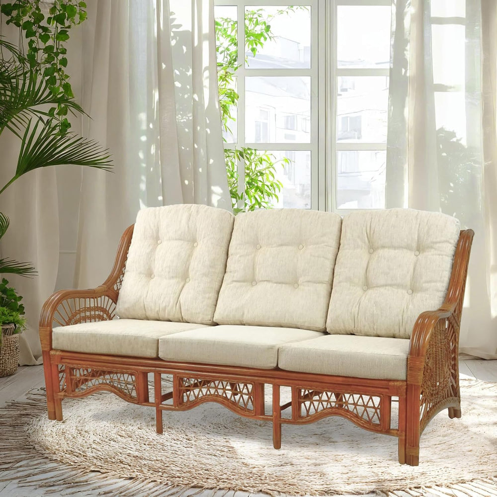 Malibu Lounge Three-Seater Sofa Natural Rattan Wicker Handmade Design (Cream ...