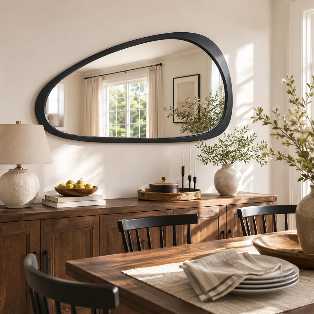 48x24 Inch Matte Black Large Irregular Solid Wood Wall Mirror
