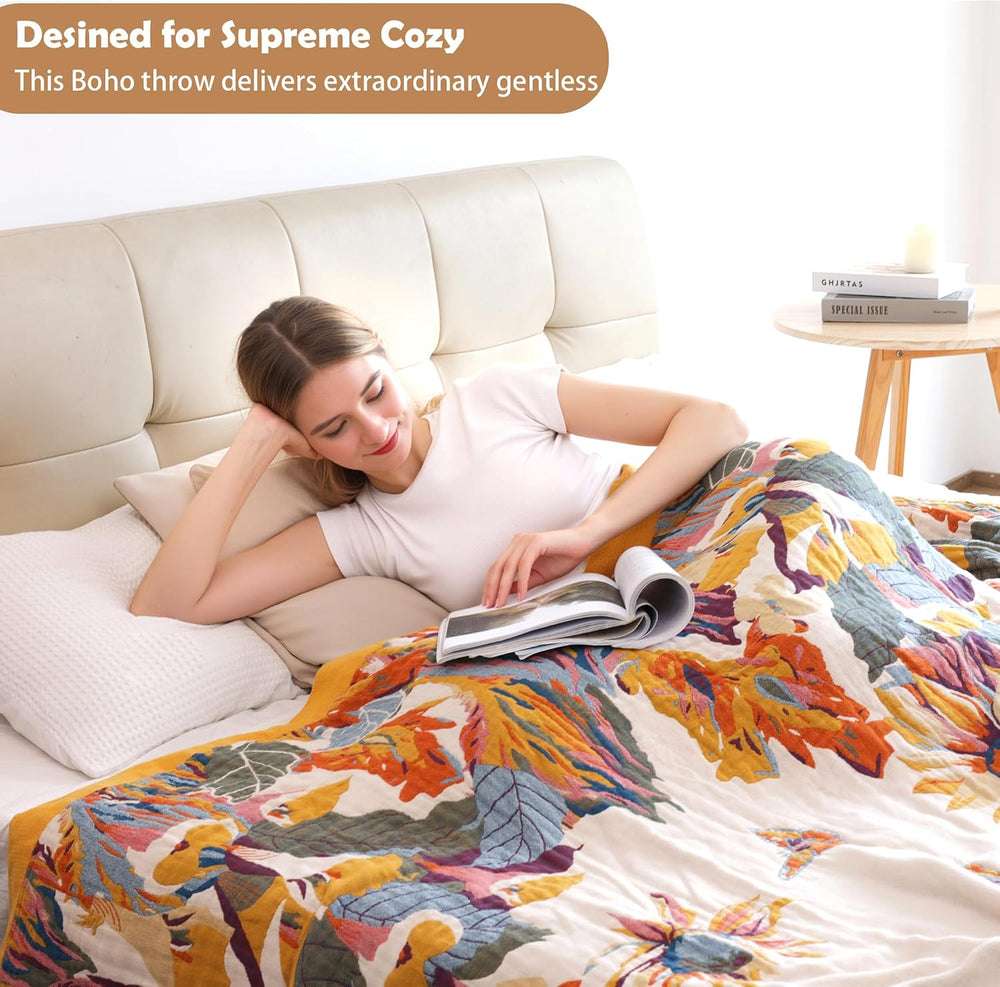 Boho Throw Blanket 100% Organic Cotton 60x80 for Bed Couch, Floral