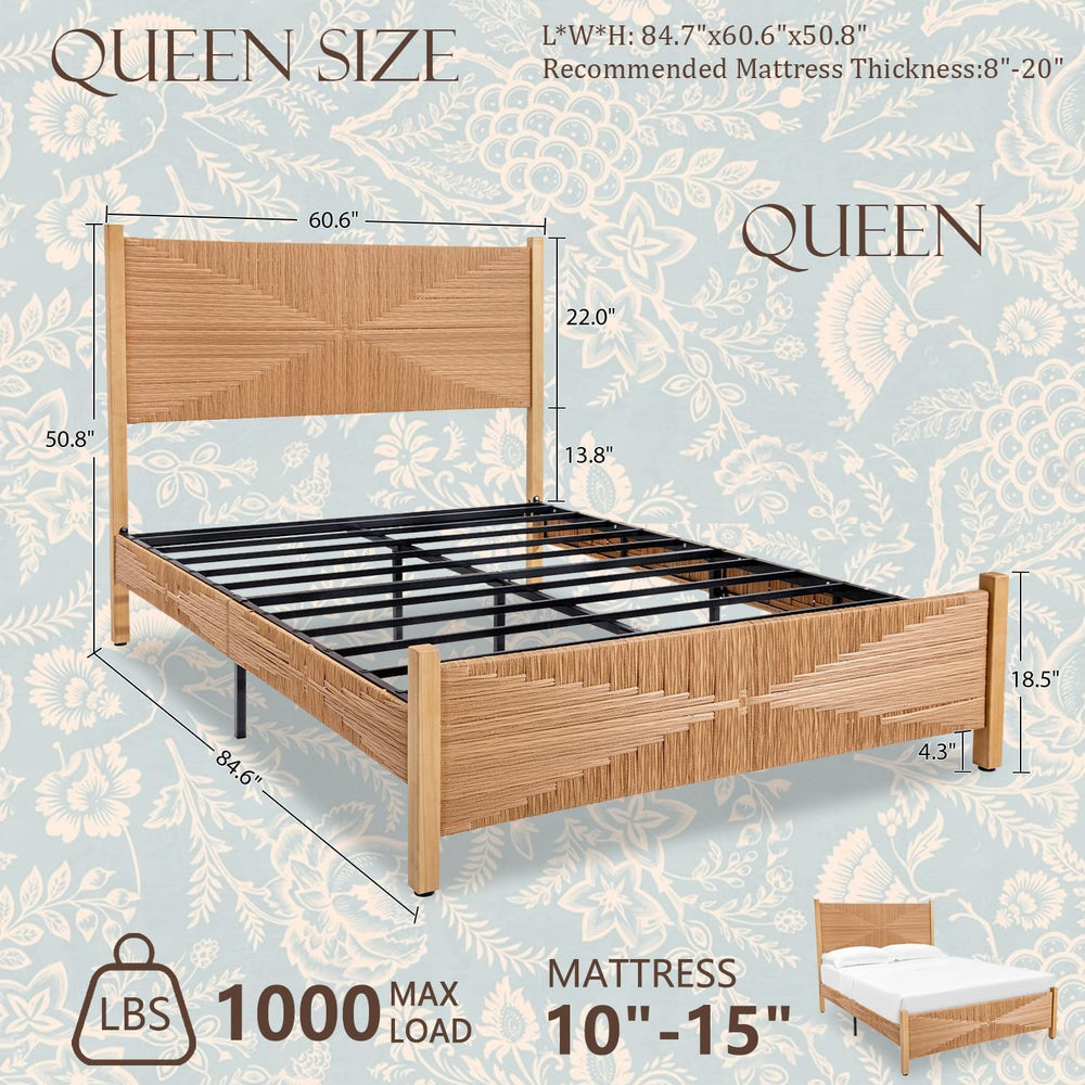 Brafab Queen Size Rattan Bed Frame, Boho Bed Frame with Hand Woven Wicker Hea...